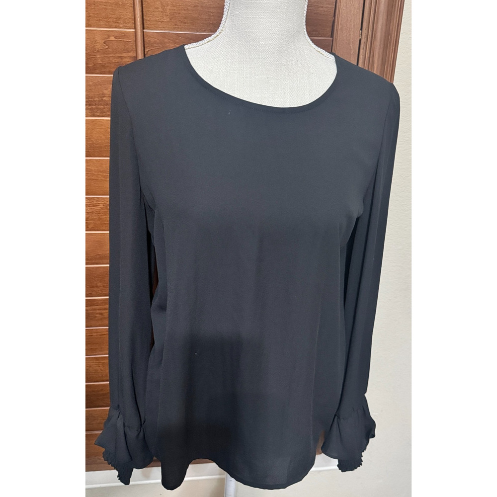 Pleione Women’s Small Black Blouse Long ruffled sleeves minimalist basic career